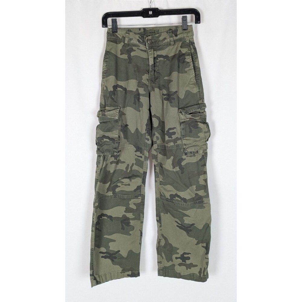 Cisono Cargo Pants 1 Junior's Green Camo Print Pockets Stretch Waist Y2K Grunge